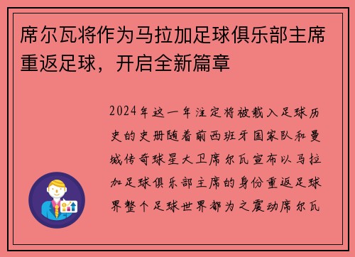 席尔瓦将作为马拉加足球俱乐部主席重返足球，开启全新篇章